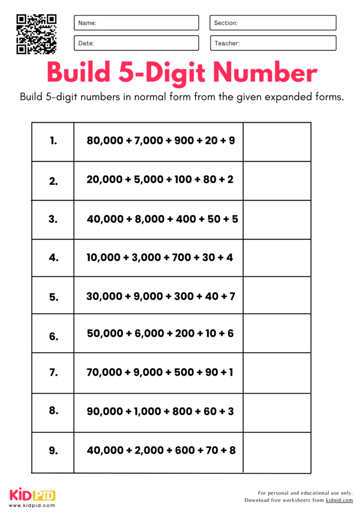 Build 5-Digit Numbers from Parts - Place Value Worksheets For Grade 3