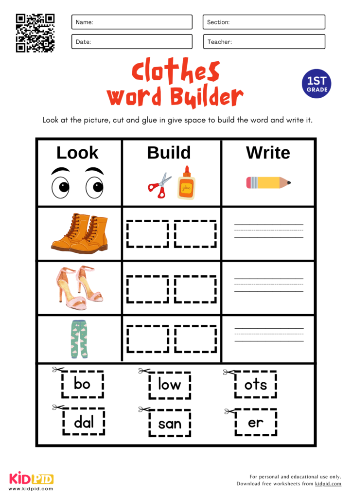 Clothes Word Builder Worksheet For Grade 2