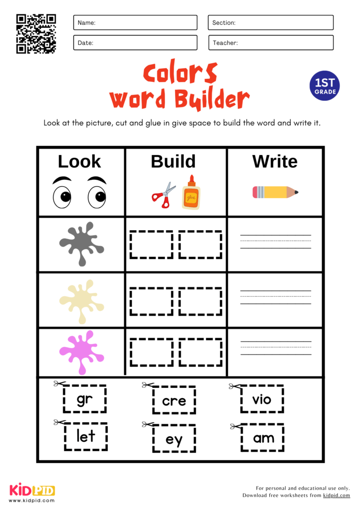 Colors Word Builder Worksheet For Grade 1