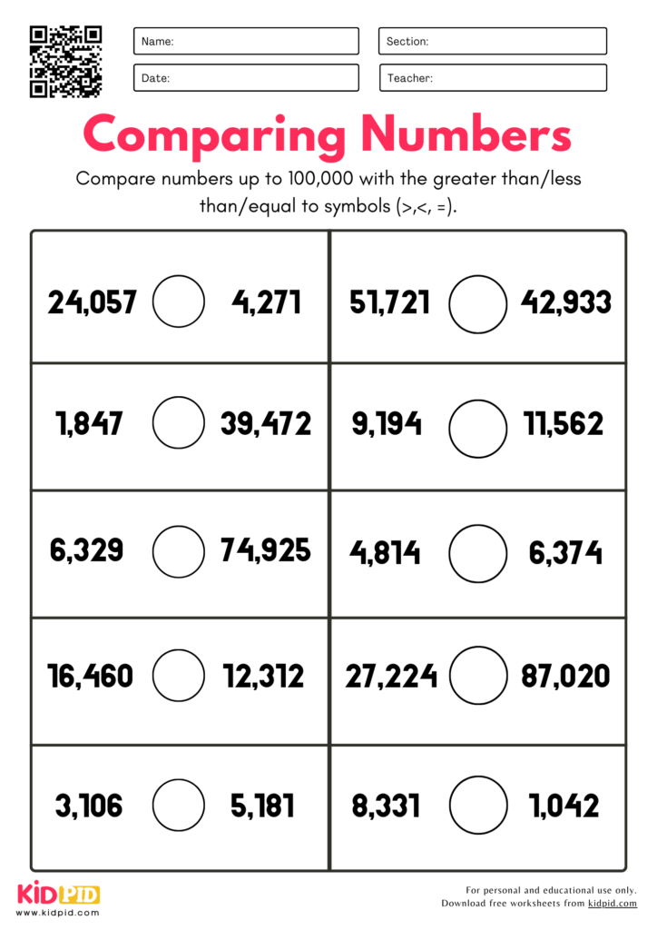 Comparing Numbers Worksheet For Grade 3