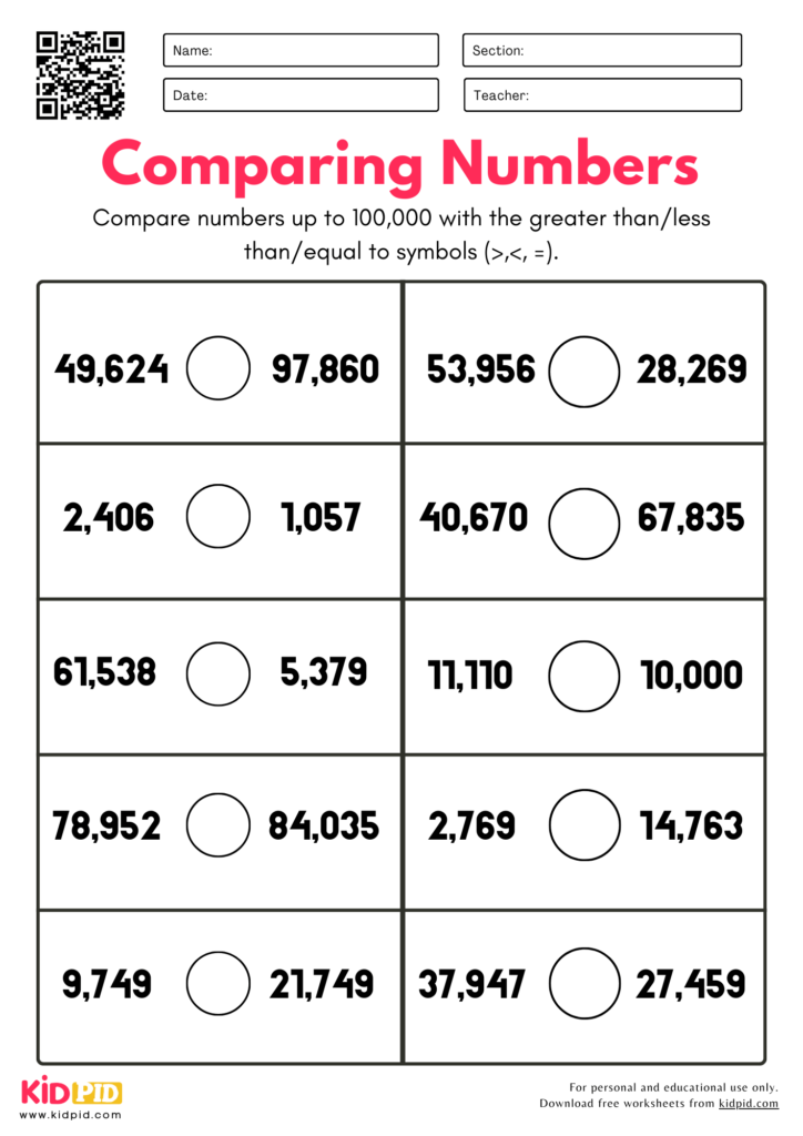 Comparing Numbers Worksheet For Grade 3