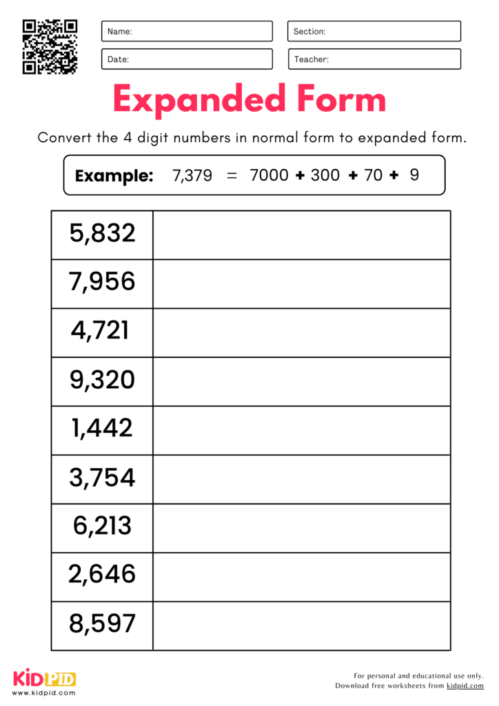 Convert to Expanded (4-digits) Place Value Worksheets For Grade 3