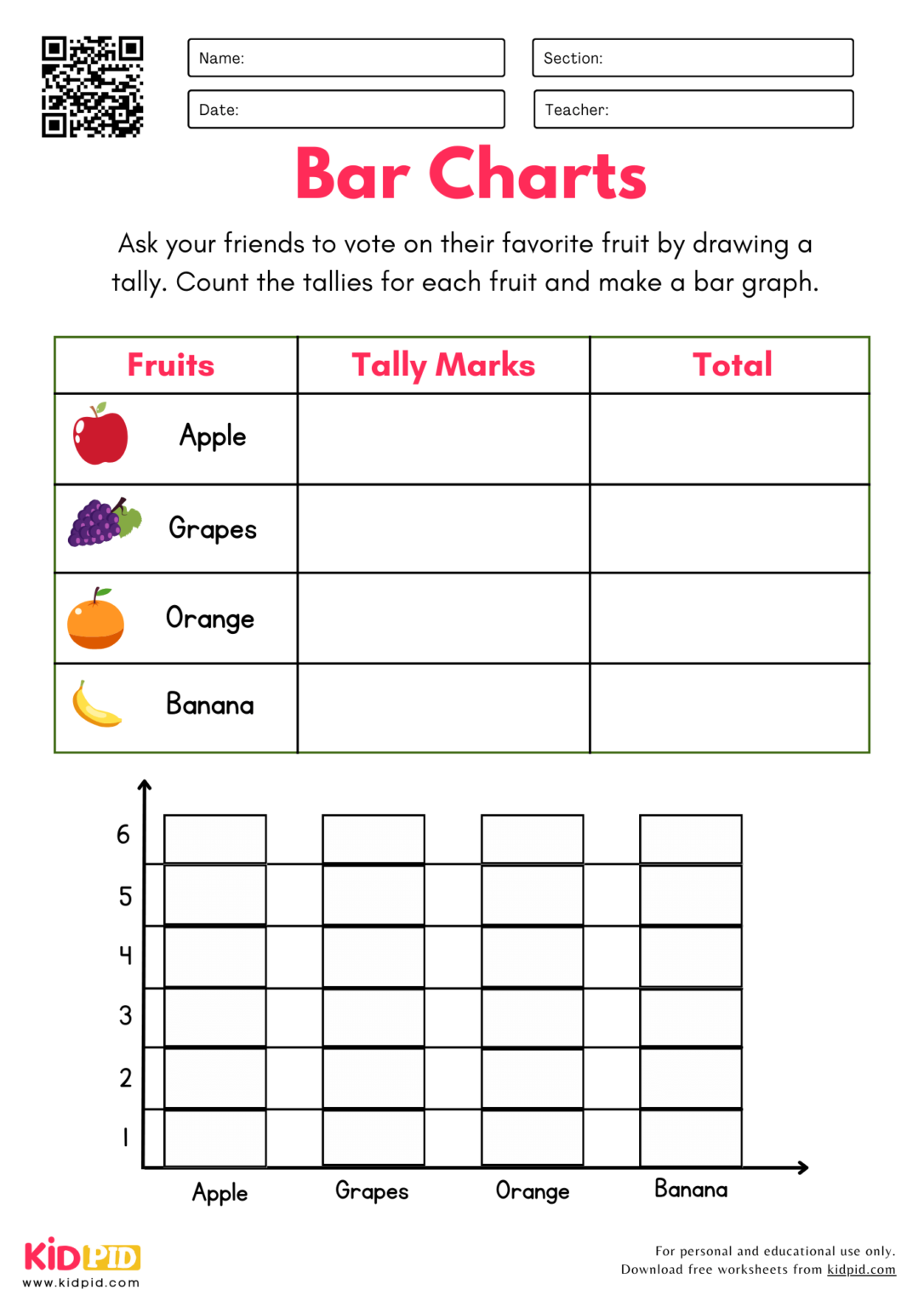 Data Collection & Bar Chart Worksheet For Grade 1 - Kidpid