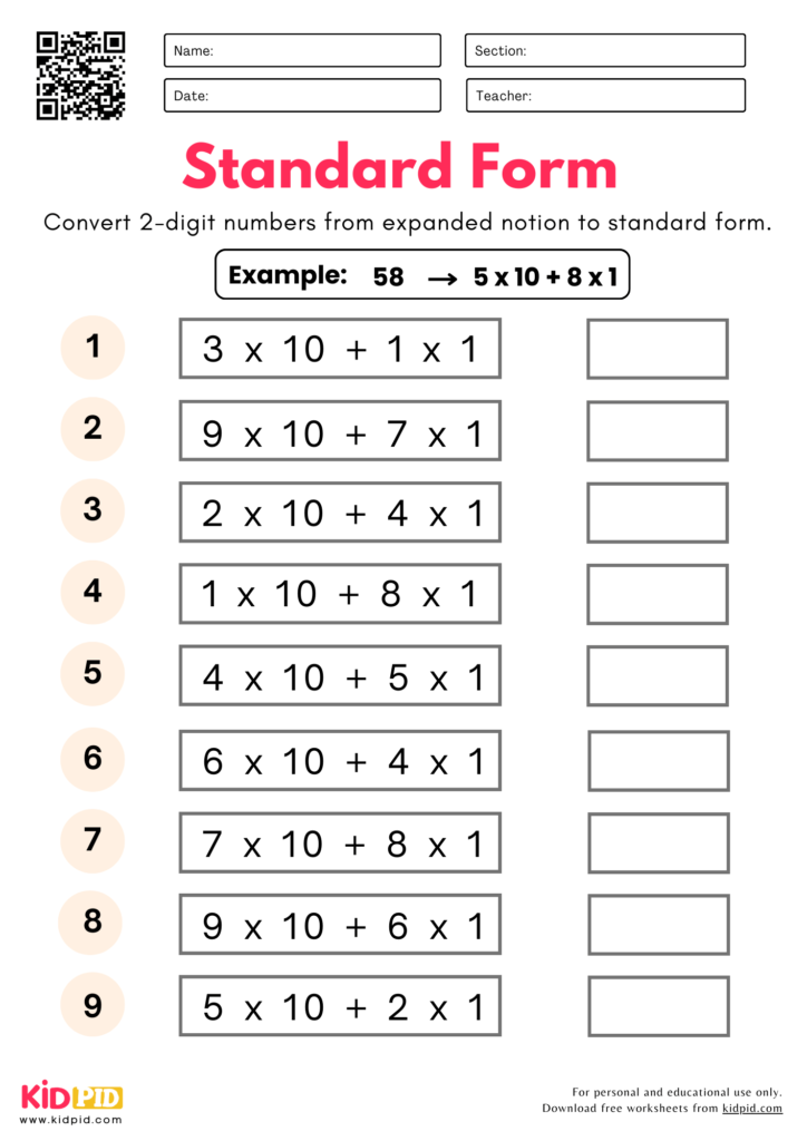 Expanded Form to Standard Form (2-Digit) Worksheets Grade 1
