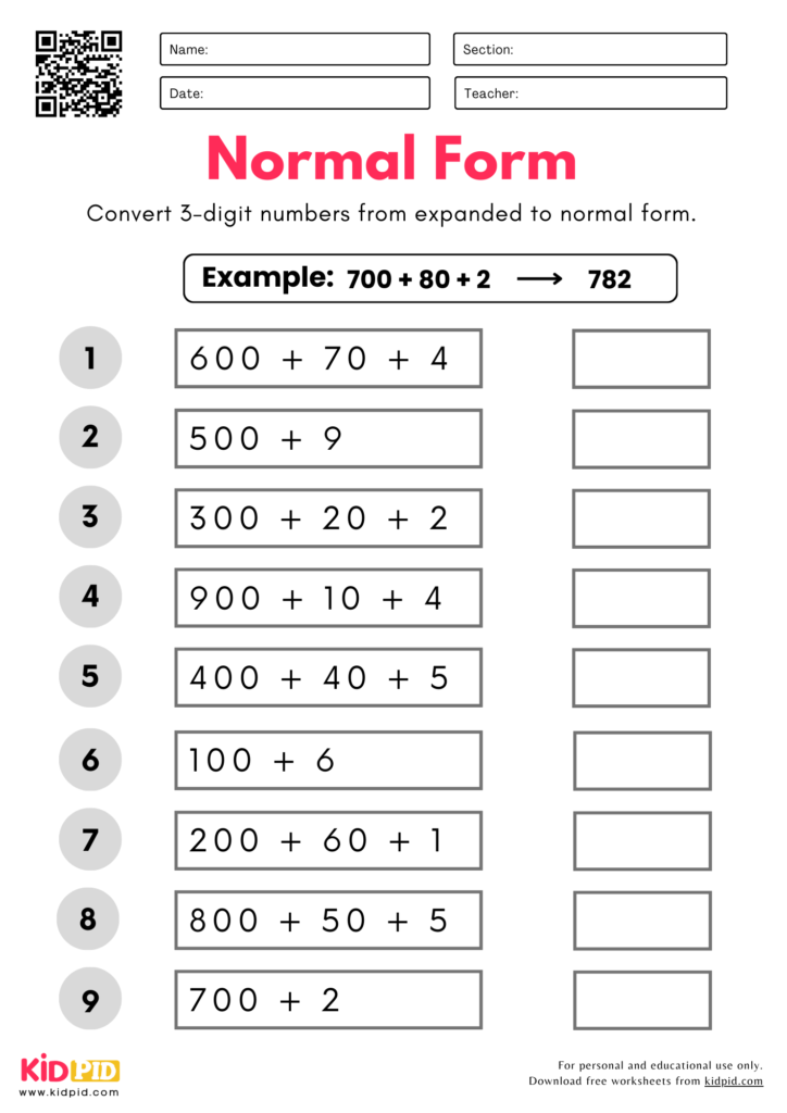 Expanded to Normal Form (3-Digit) Worksheets Grade 2