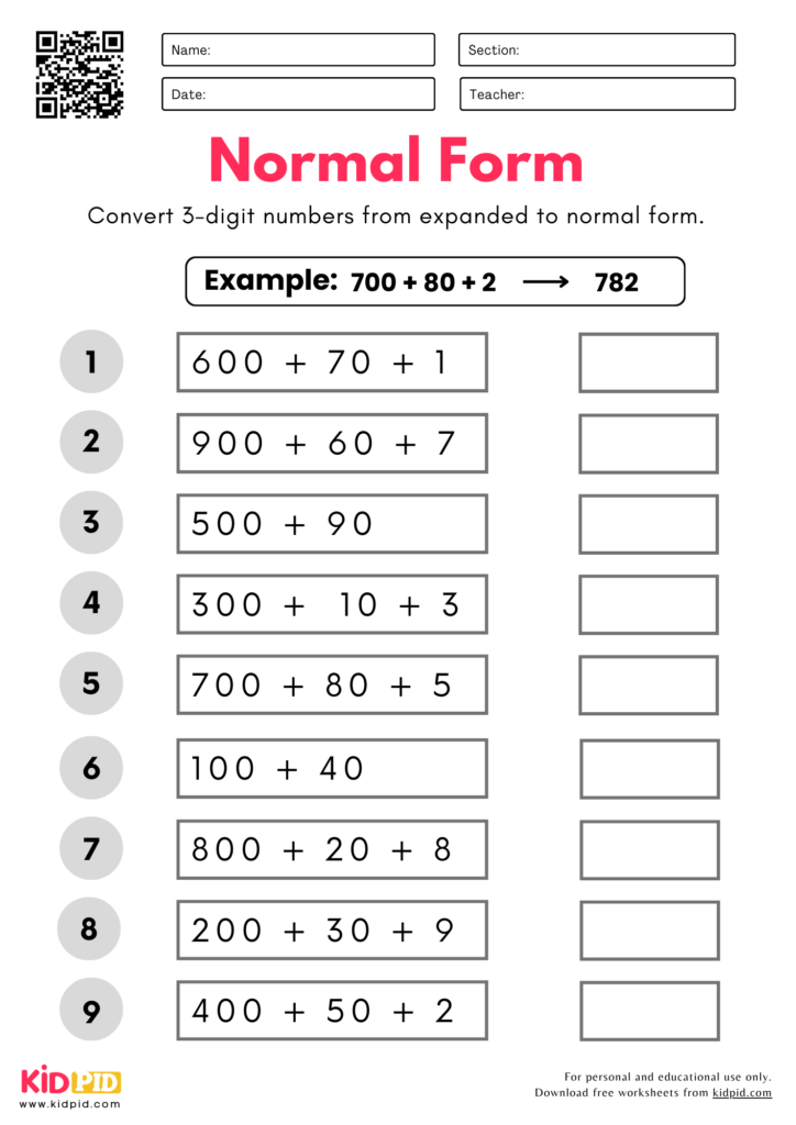 Expanded to Normal Form (3-Digit) Worksheets Grade 2