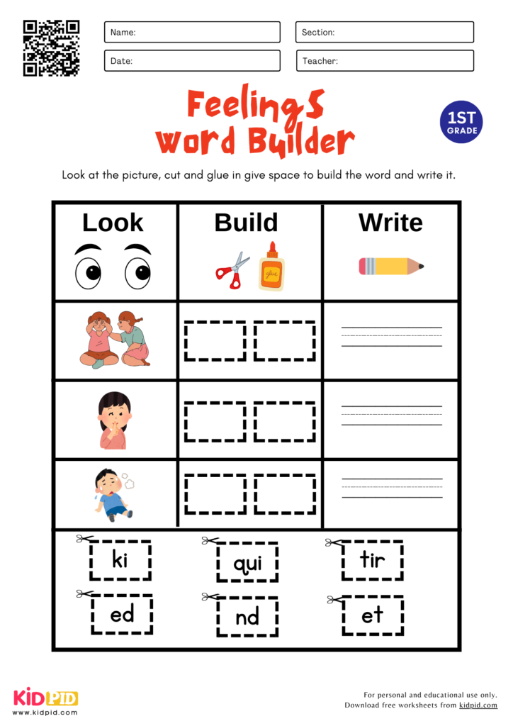 Feelings Word Builder Worksheet For Grade 2