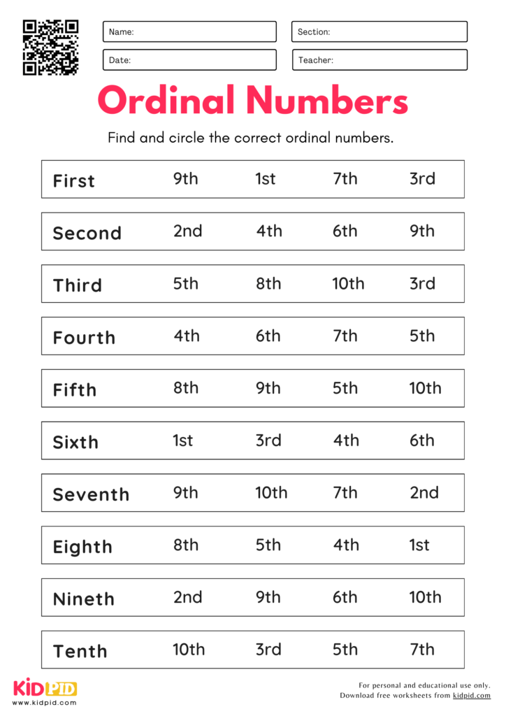 Find Ordinal Number Worksheets For Grade 1