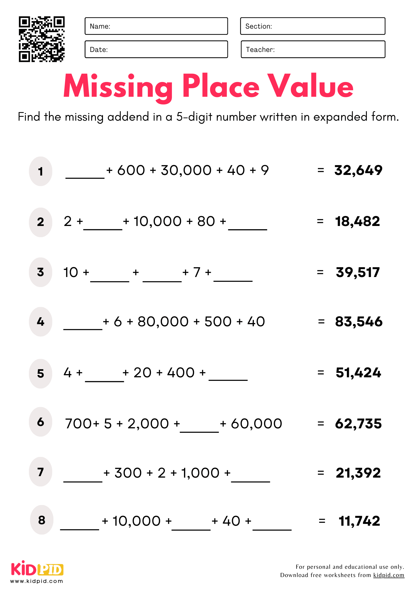 Find The Missing Place Value (5-digits) Worksheet For Grade 4