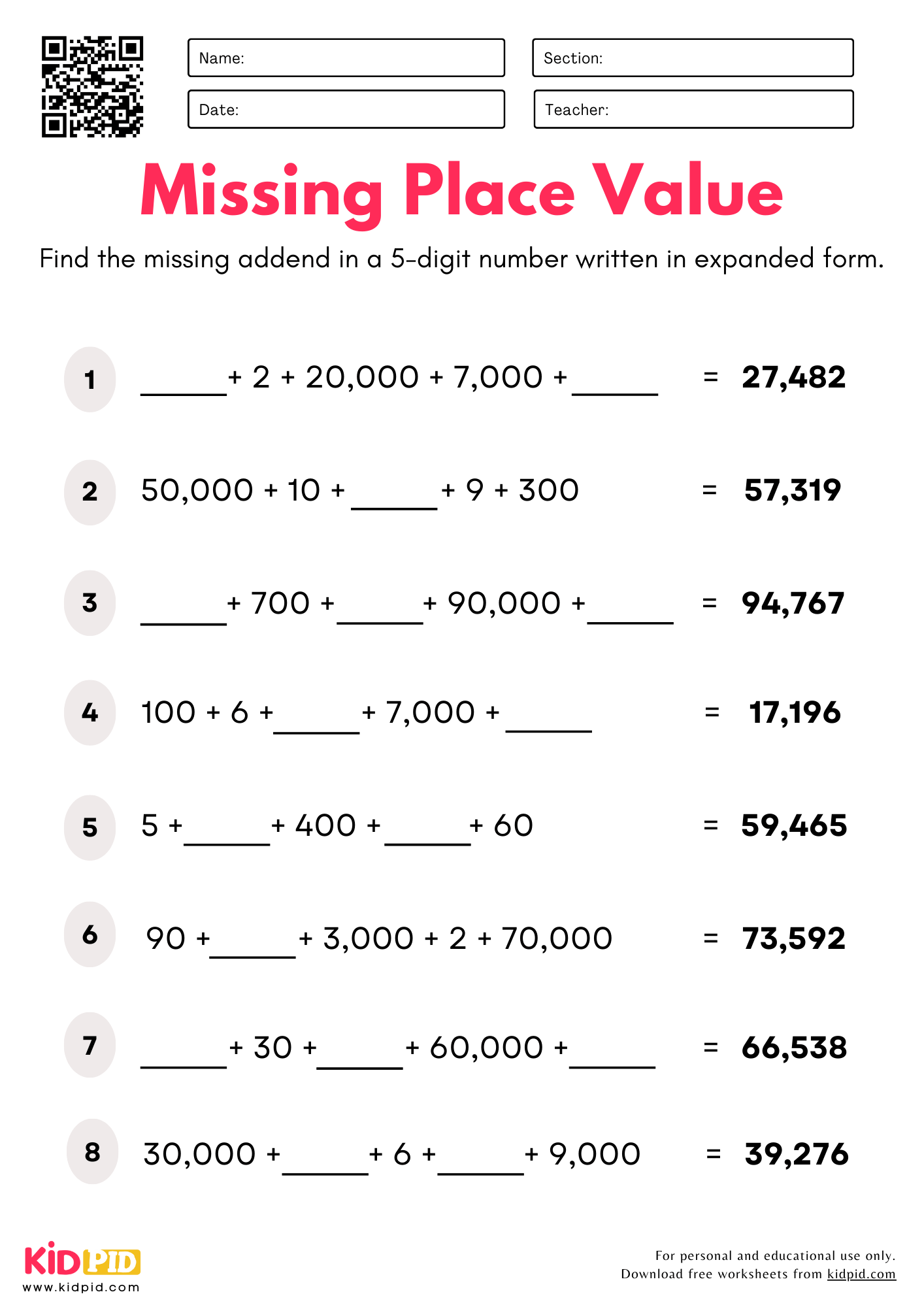 Find The Missing Place Value (5-digits) Worksheet For Grade 4
