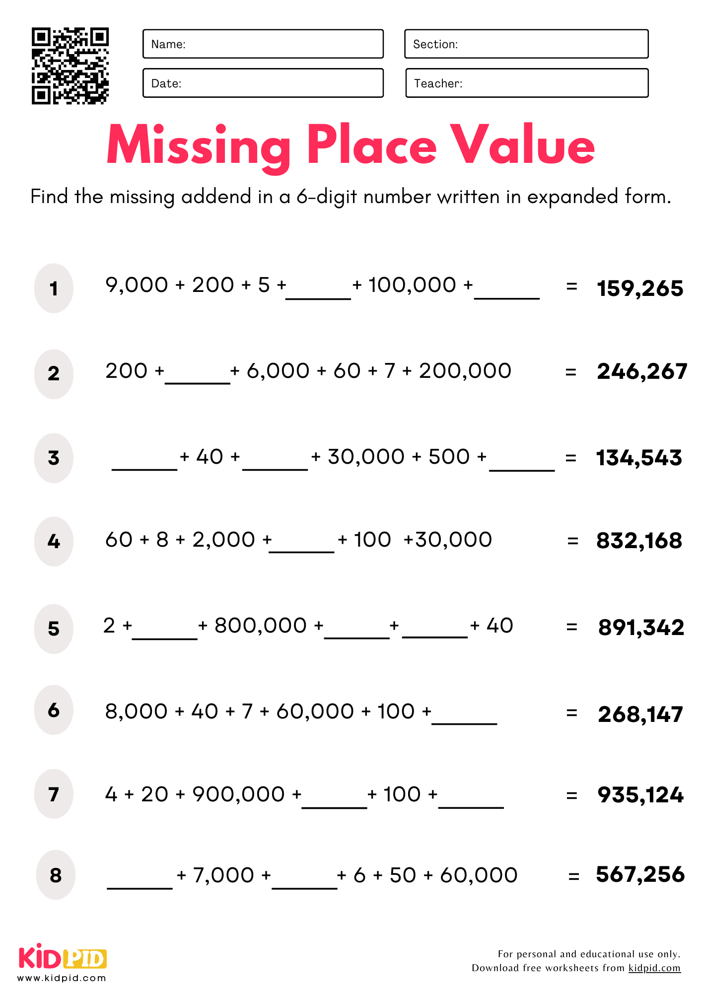 Find The Missing Place Value (6-digits) Worksheet For Grade 4
