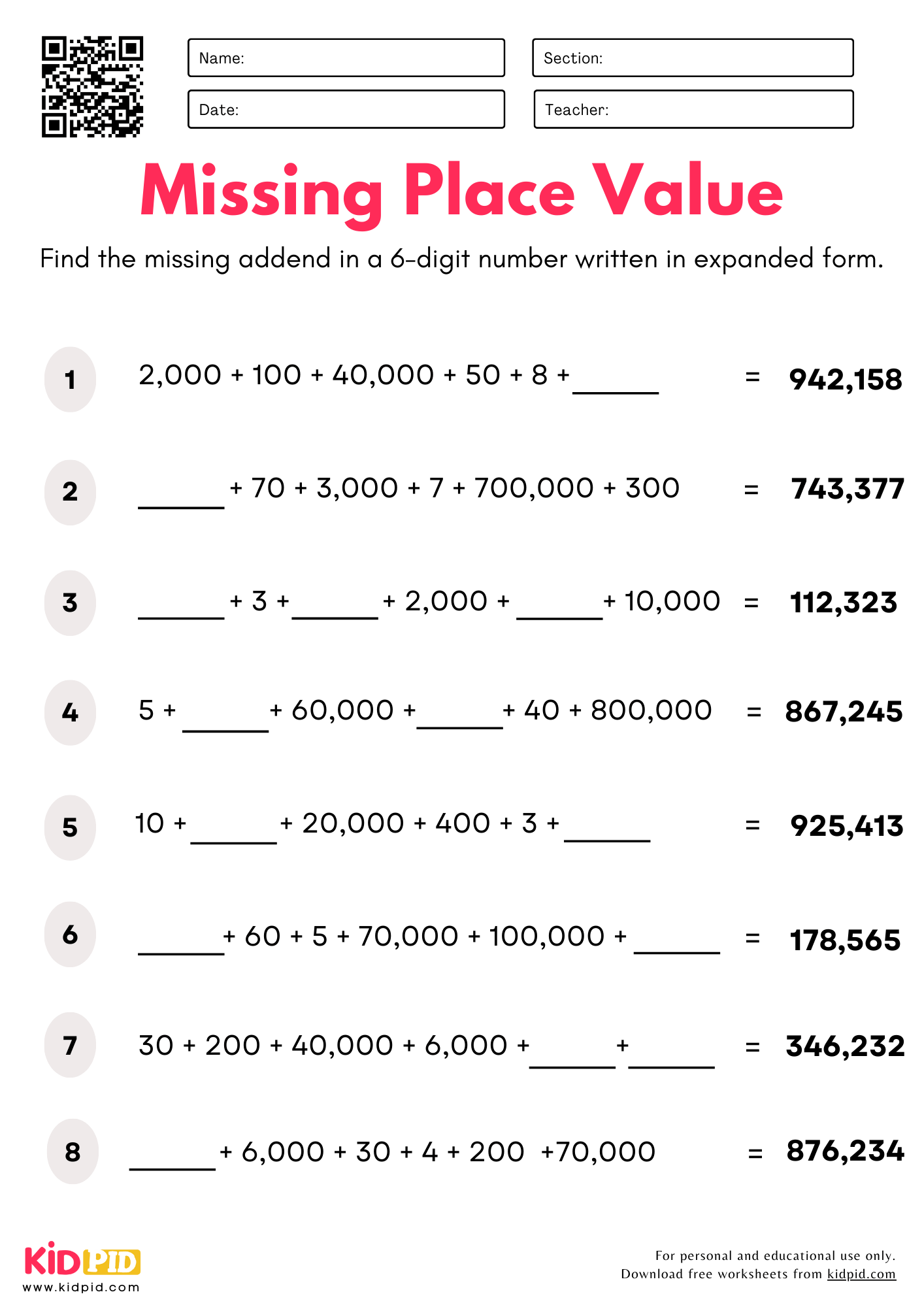Find The Missing Place Value (6-digits) Worksheet For Grade 4