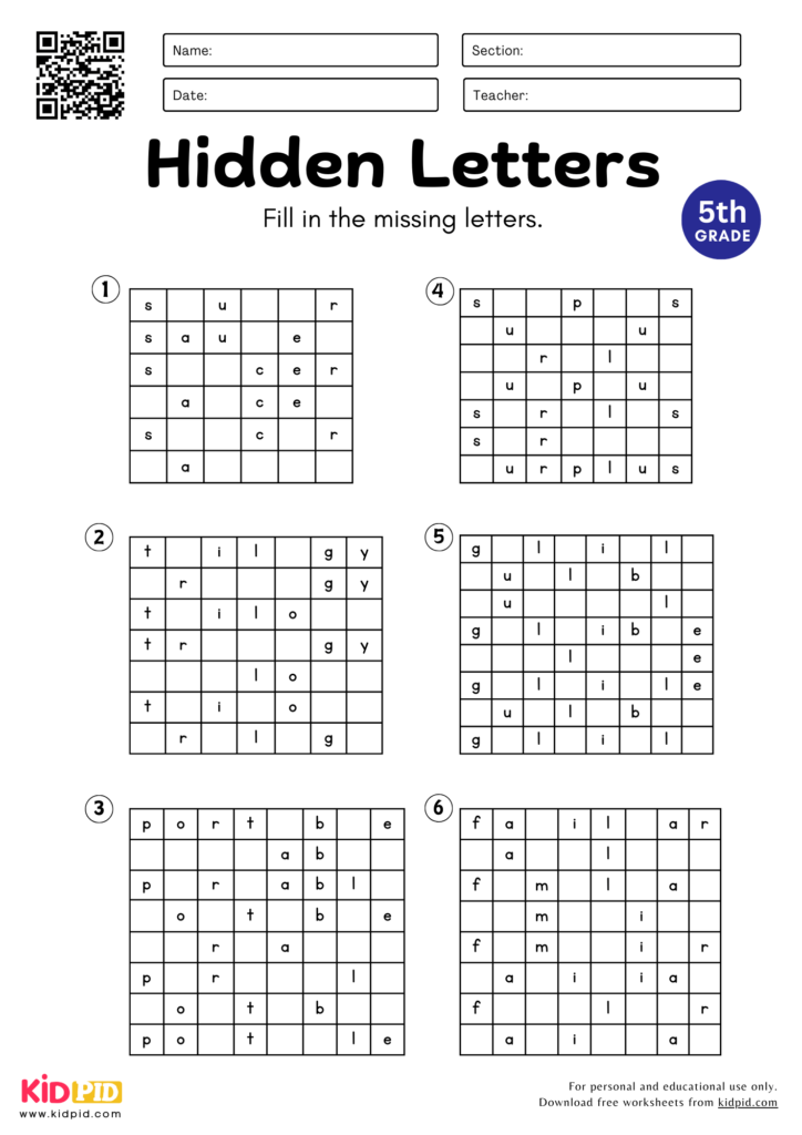 Hidden Letters Worksheet for Grade 5
