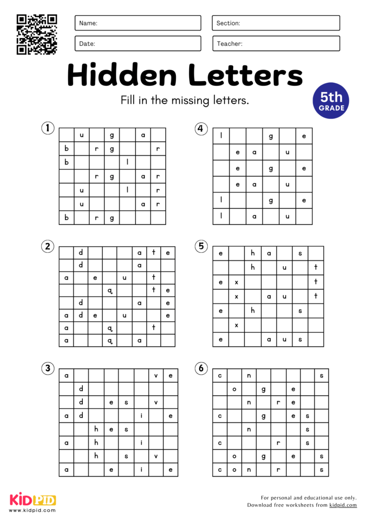 Hidden Letters Worksheet for Grade 5