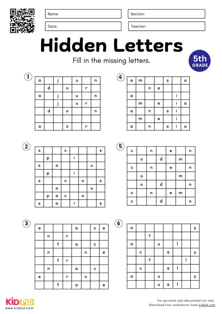 Hidden Letters Worksheet for Grade 5