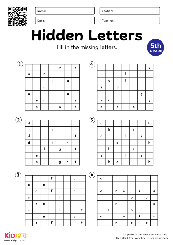 Hidden Letters Worksheet for Grade 5
