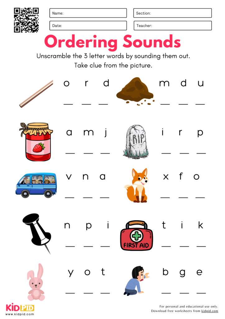 Jumbled Letters Phonemes Worksheets for Kindergarten