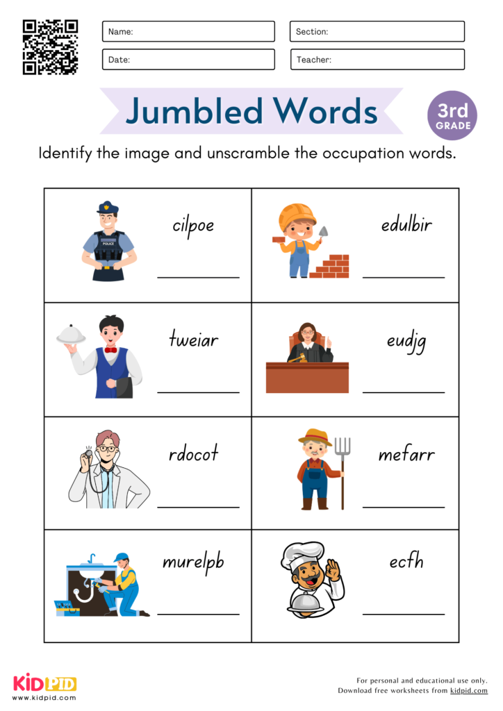 Jumbled Occupations Words Worksheet for Grade 3