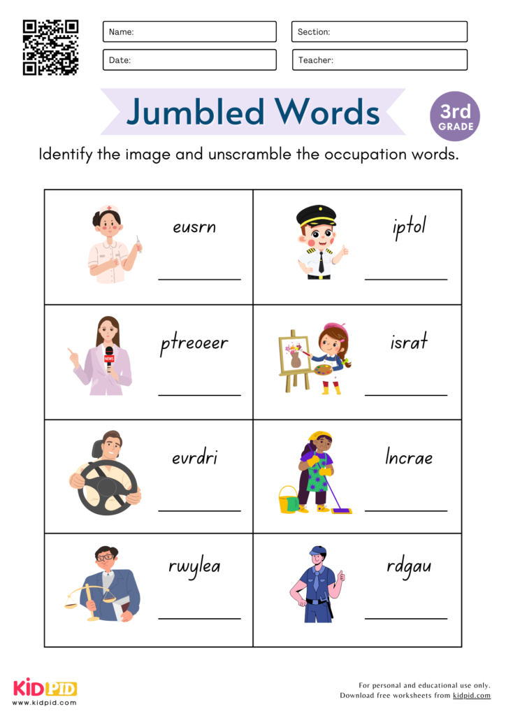Jumbled Occupations Words Worksheet for Grade 3