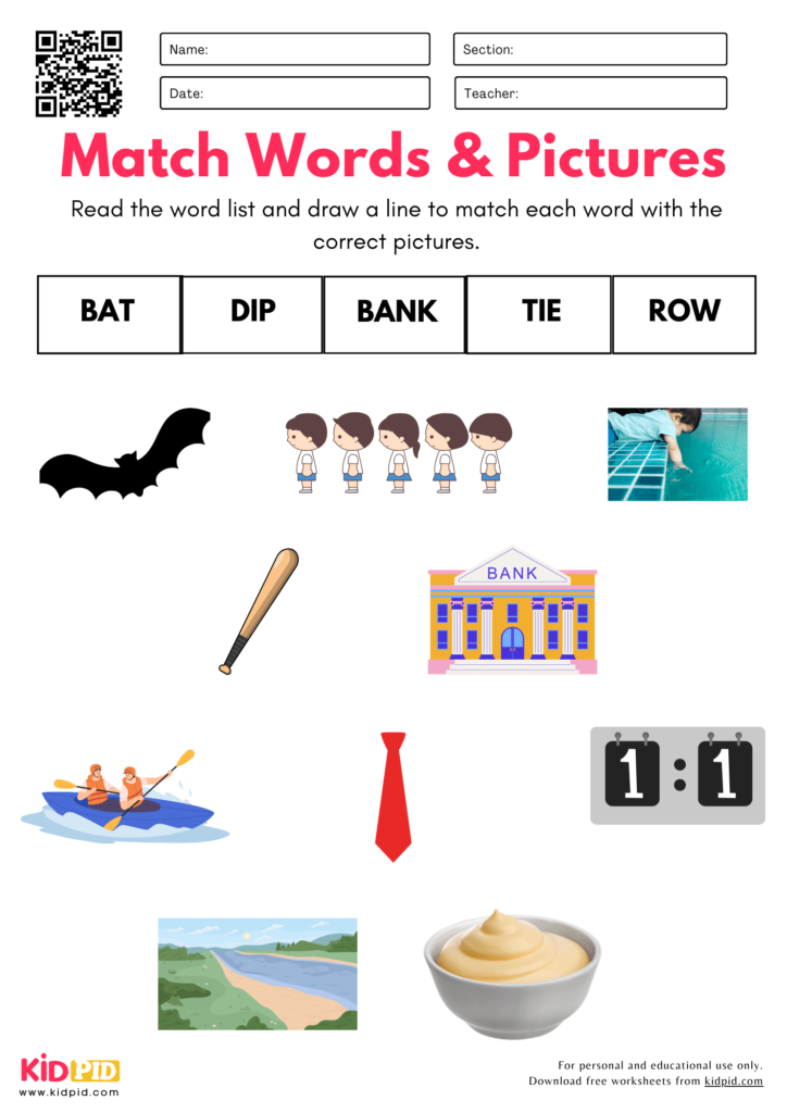  Match Words with Pictures Worksheet For Kindergarten
