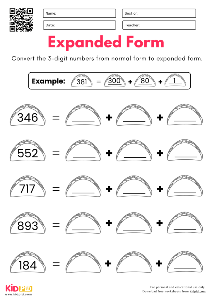 Normal to Expanded Form (3-Digit) Worksheets For Grade 2