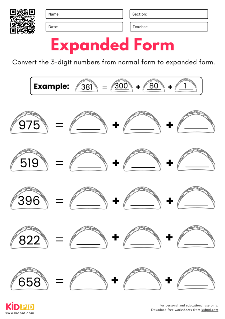 Normal to Expanded Form (3-Digit) Worksheets For Grade 2
