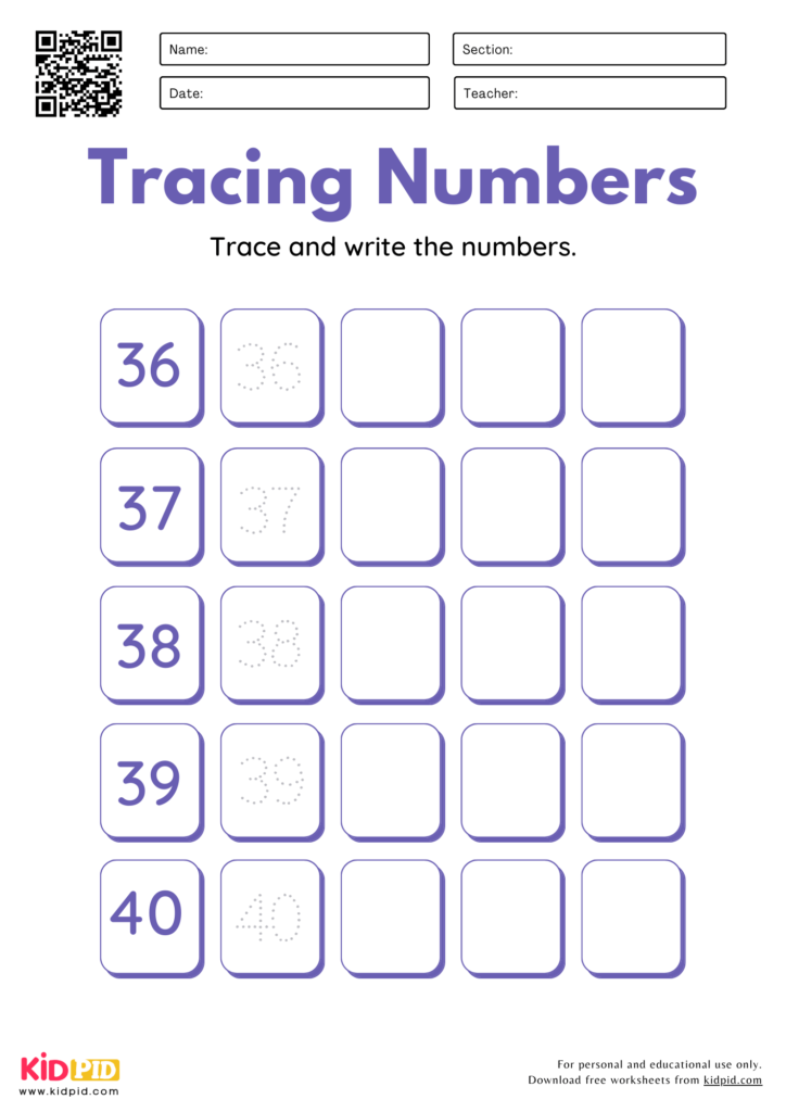 Number Tracing & Writing (26 - 50) Worksheets for Grade 1