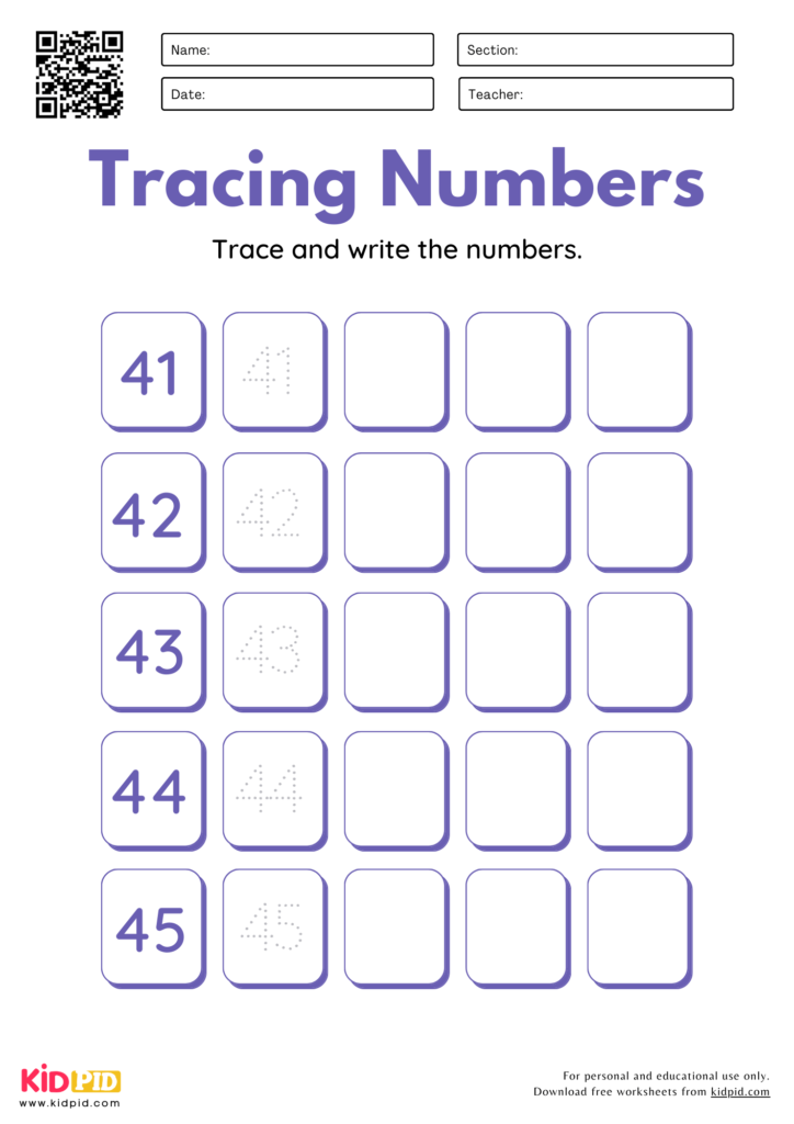 Number Tracing & Writing (26 - 50) Worksheets for Grade 1