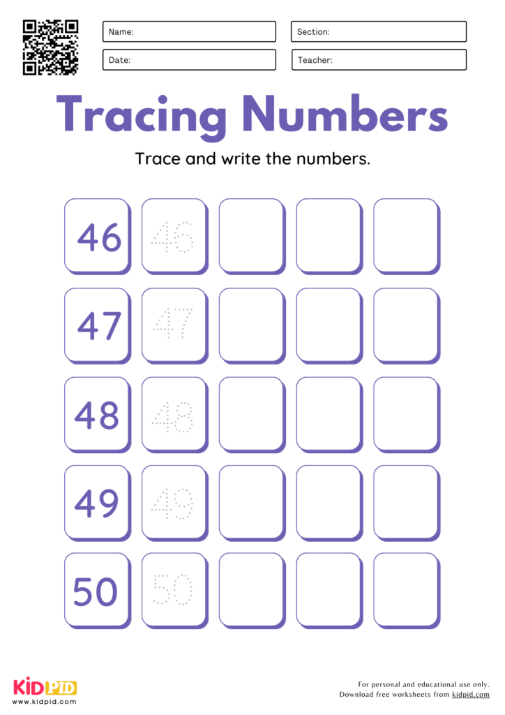 Number Tracing & Writing (26 - 50) Worksheets for Grade 1