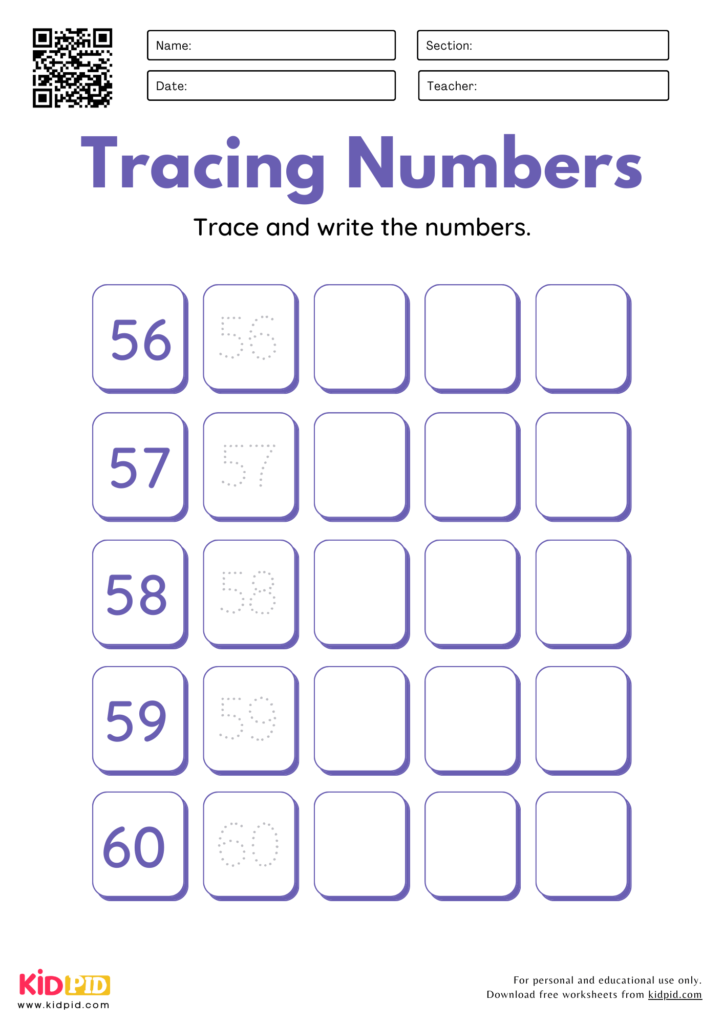  Number Tracing & Writing (51 - 75) Worksheets for Grade 1