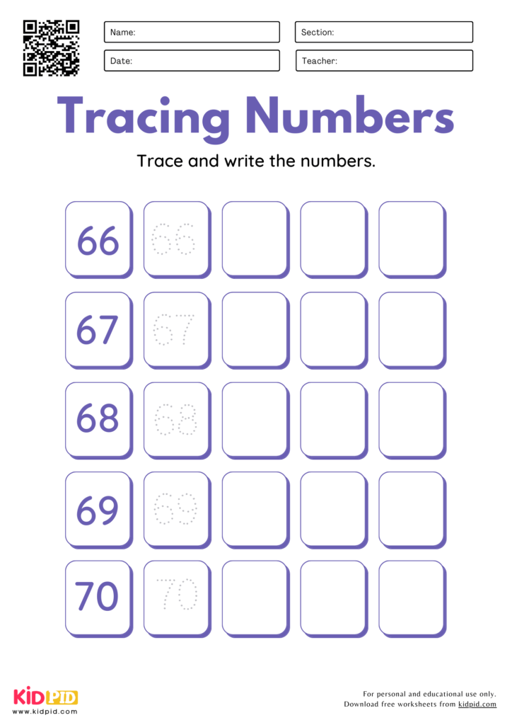  Number Tracing & Writing (51 - 75) Worksheets for Grade 1