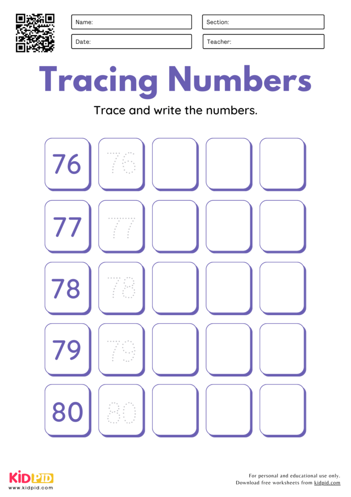 Number Tracing & Writing (76 - 100) Worksheets for Grade 1