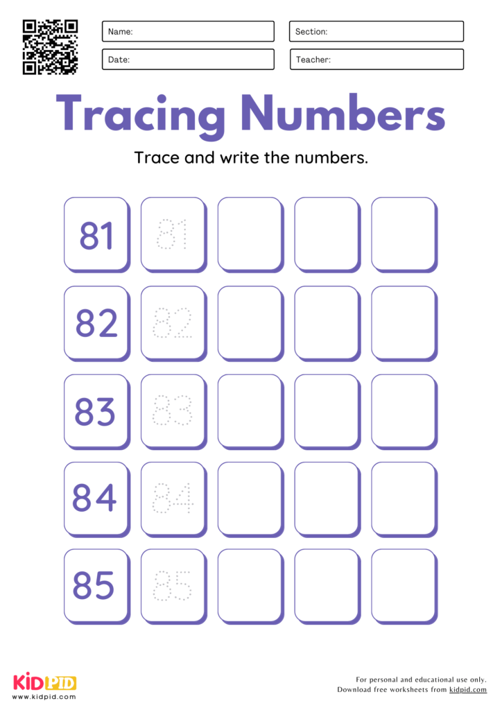 Number Tracing & Writing (76 - 100) Worksheets for Grade 1