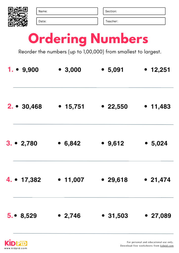 Ordering Numbers Place Value Worksheet For Grade 3