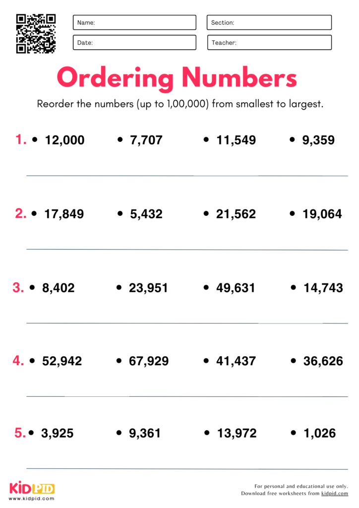 Ordering Numbers Place Value Worksheet For Grade 3