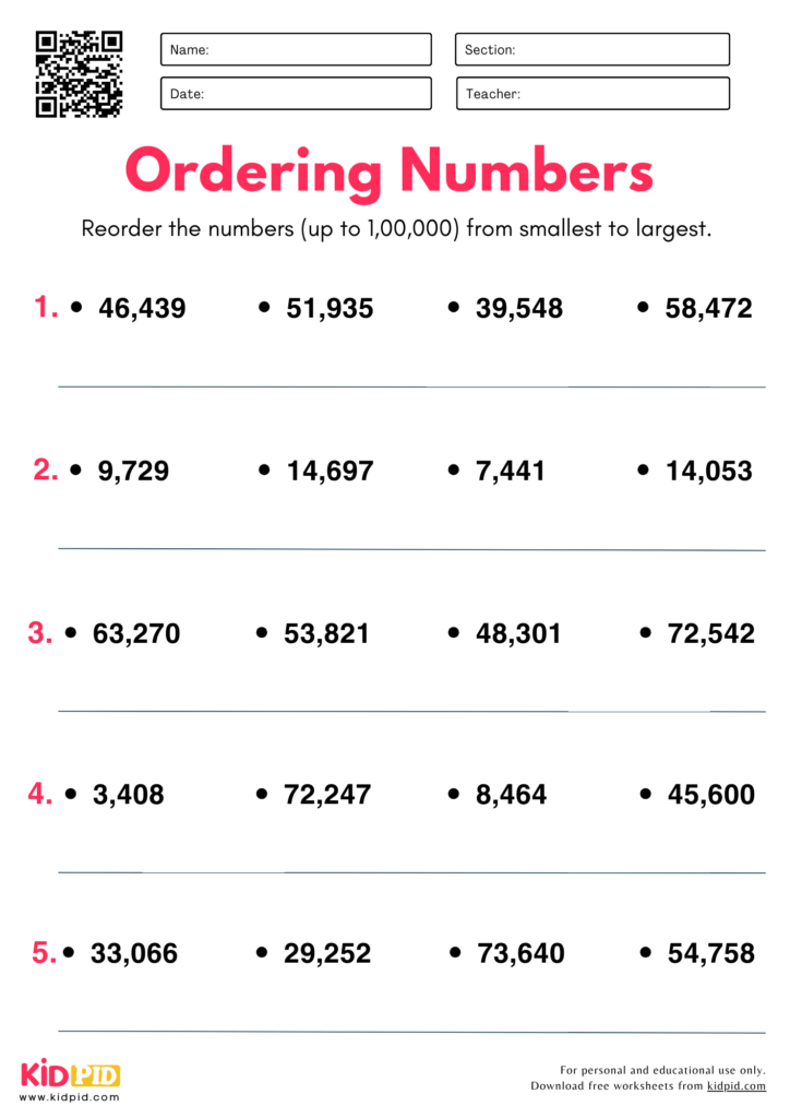 Ordering Numbers Place Value Worksheet For Grade 3