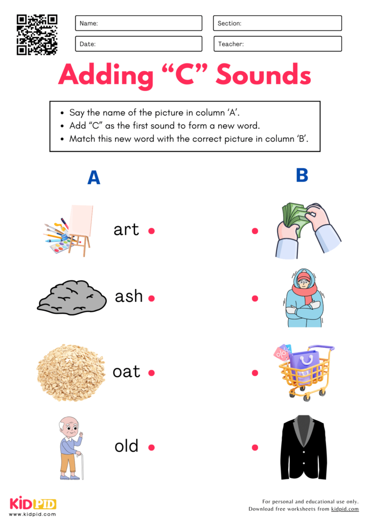 Phoneme "C” Addition Worksheet For Kindergarten