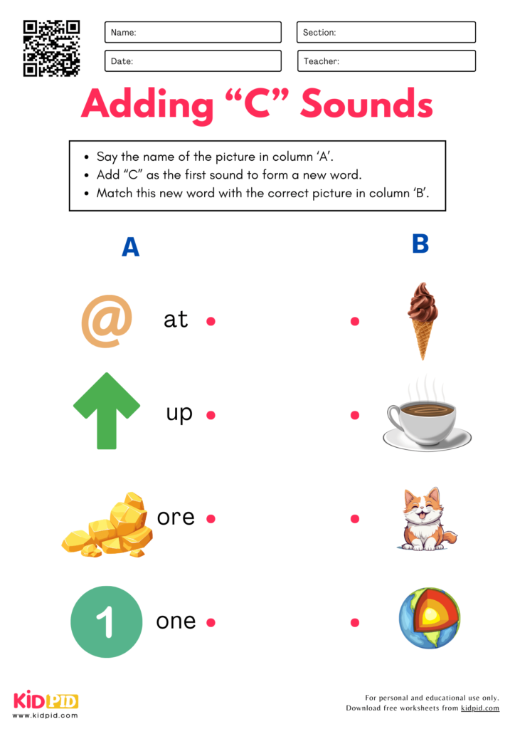 Phoneme "C” Addition Worksheet For Kindergarten