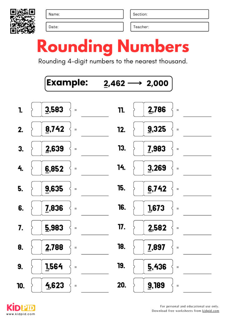 Rounding 4 Digit Numbers to Nearest 1000 Worksheet For Grade 3