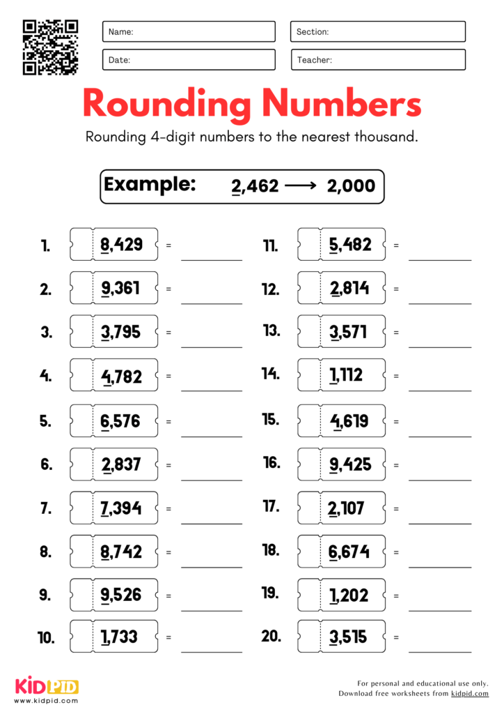 Rounding 4 Digit Numbers to Nearest 1000 Worksheet For Grade 3