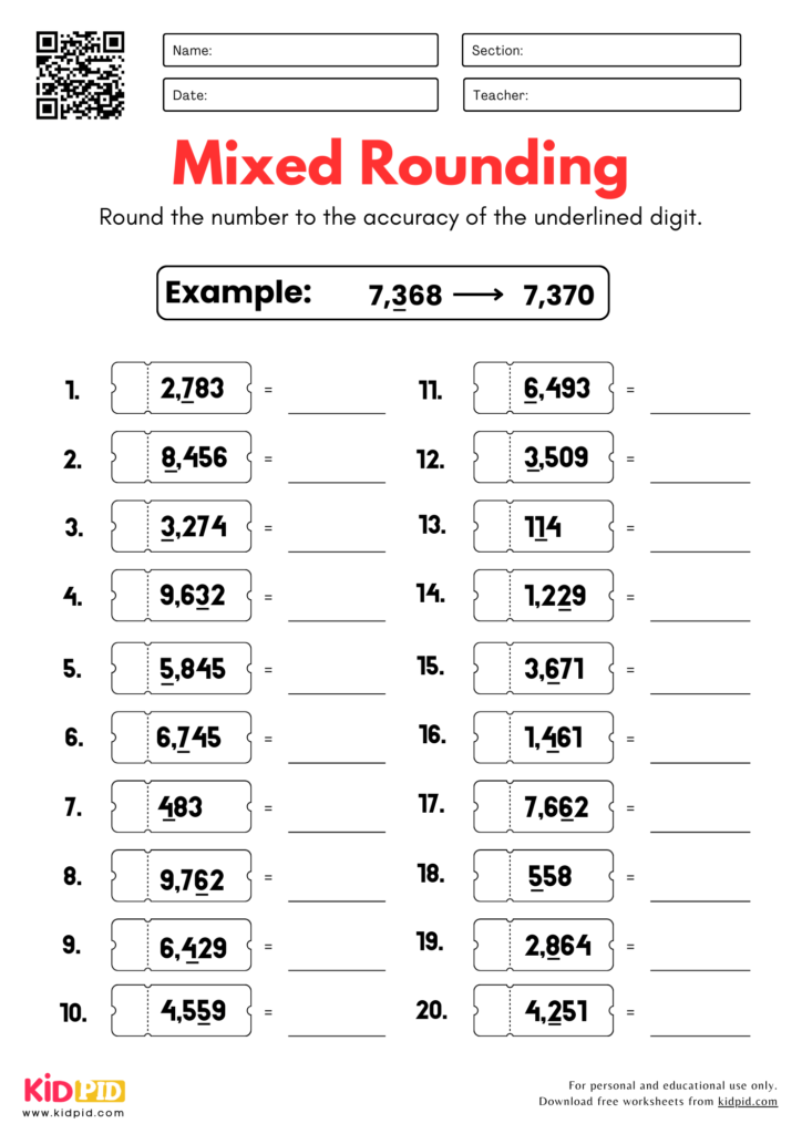 Rounding 4 Digit Numbers Worksheet For Grade 3