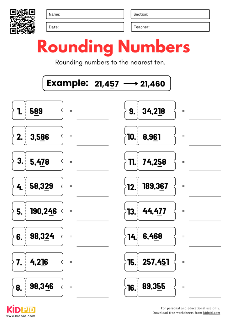 Rounding Numbers to Nearest 10 Worksheet For Grade 4
