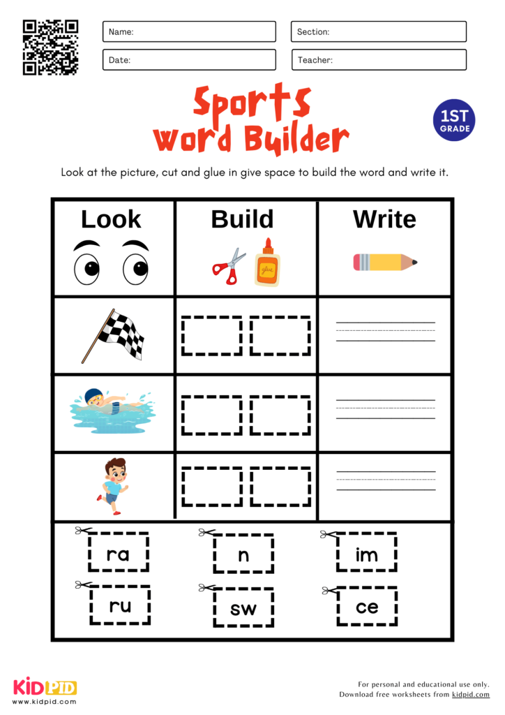 Sports Word Builder Worksheet For Grade 1
