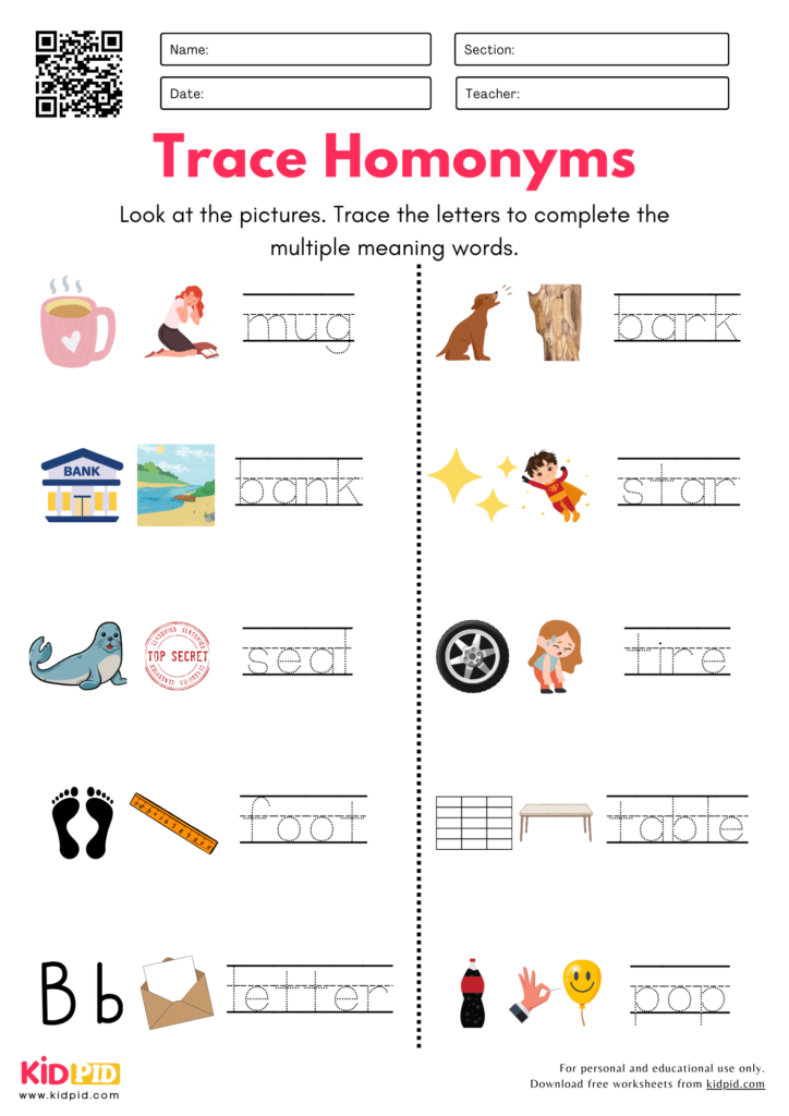 Trace Homonyms Worksheet For Kindergarten
