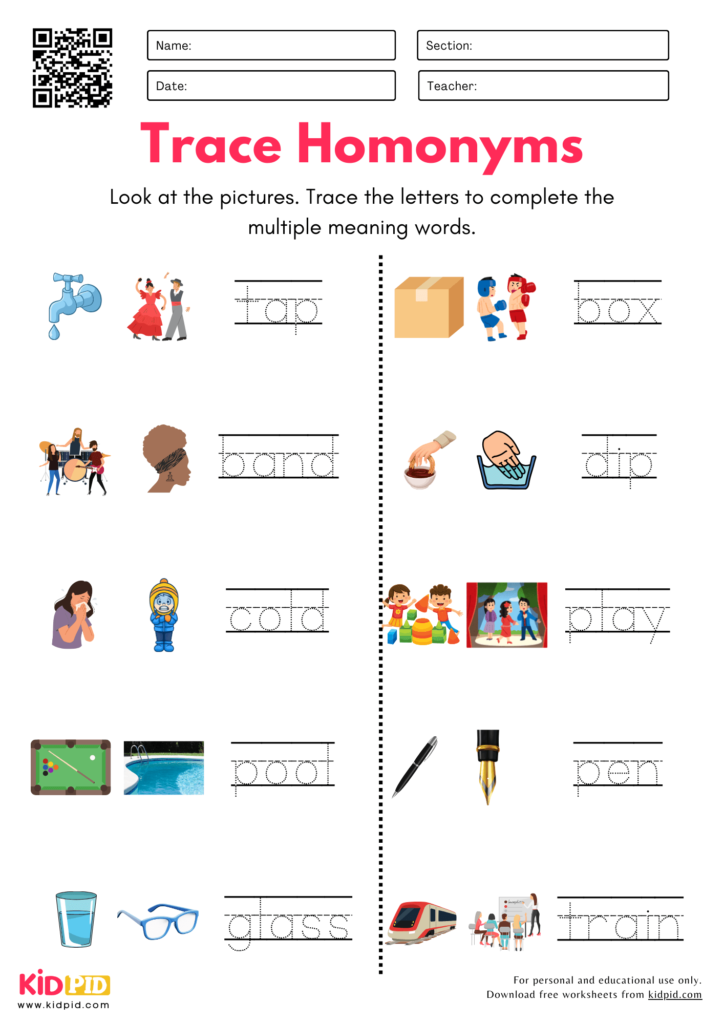 Trace Homonyms Worksheet For Kindergarten