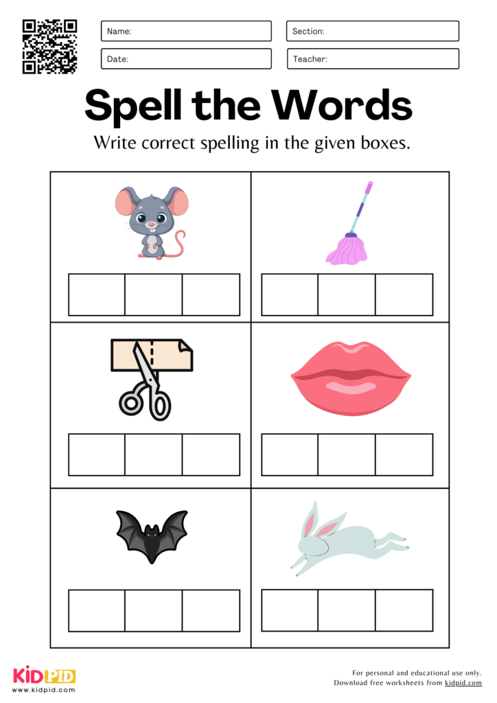 Write Spellings for Pictures Worksheet for Grade 1