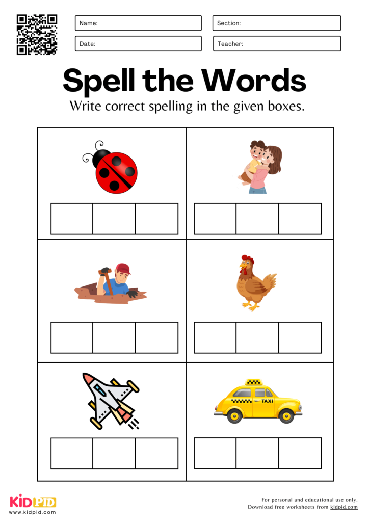Write Spellings for Pictures Worksheet for Grade 1