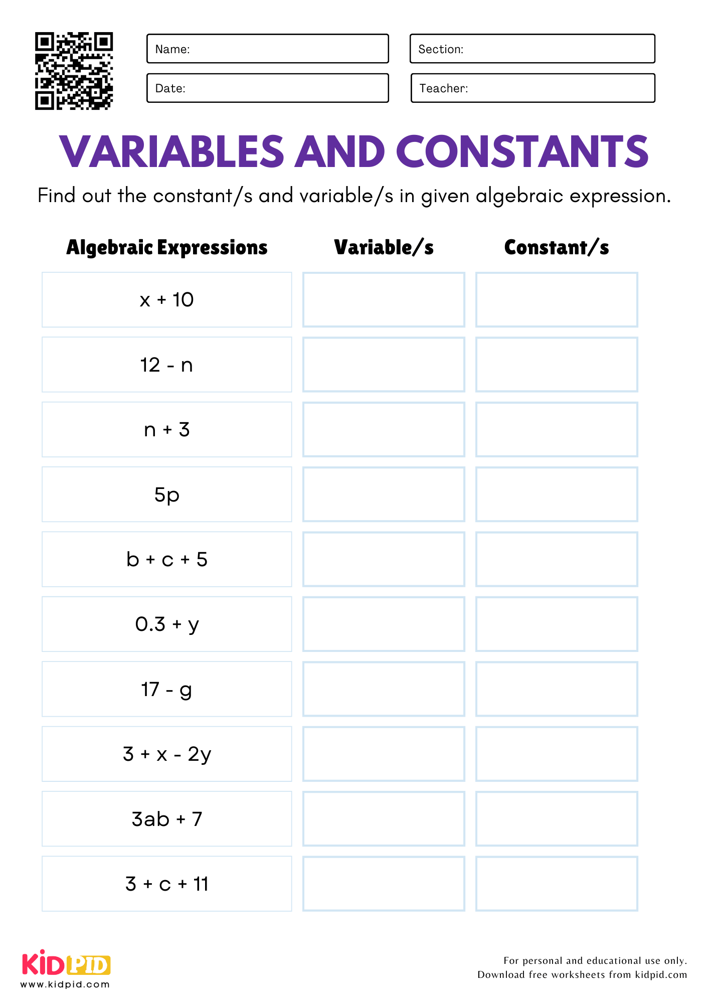 Variables & Constants Worksheet For Grade 5