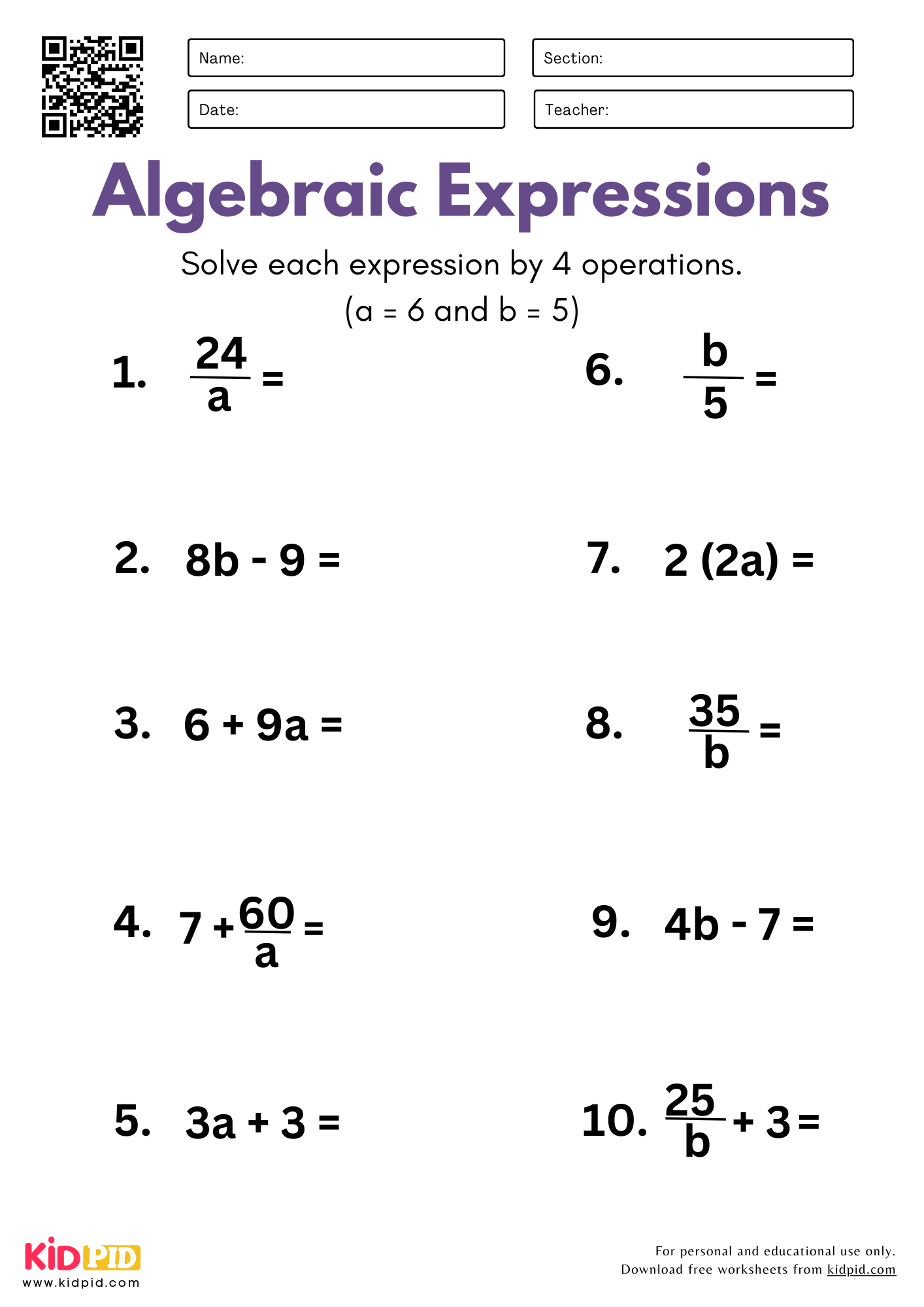 Algebraic Expressions with One Variable (4 Operations) Worksheet For Grade 5