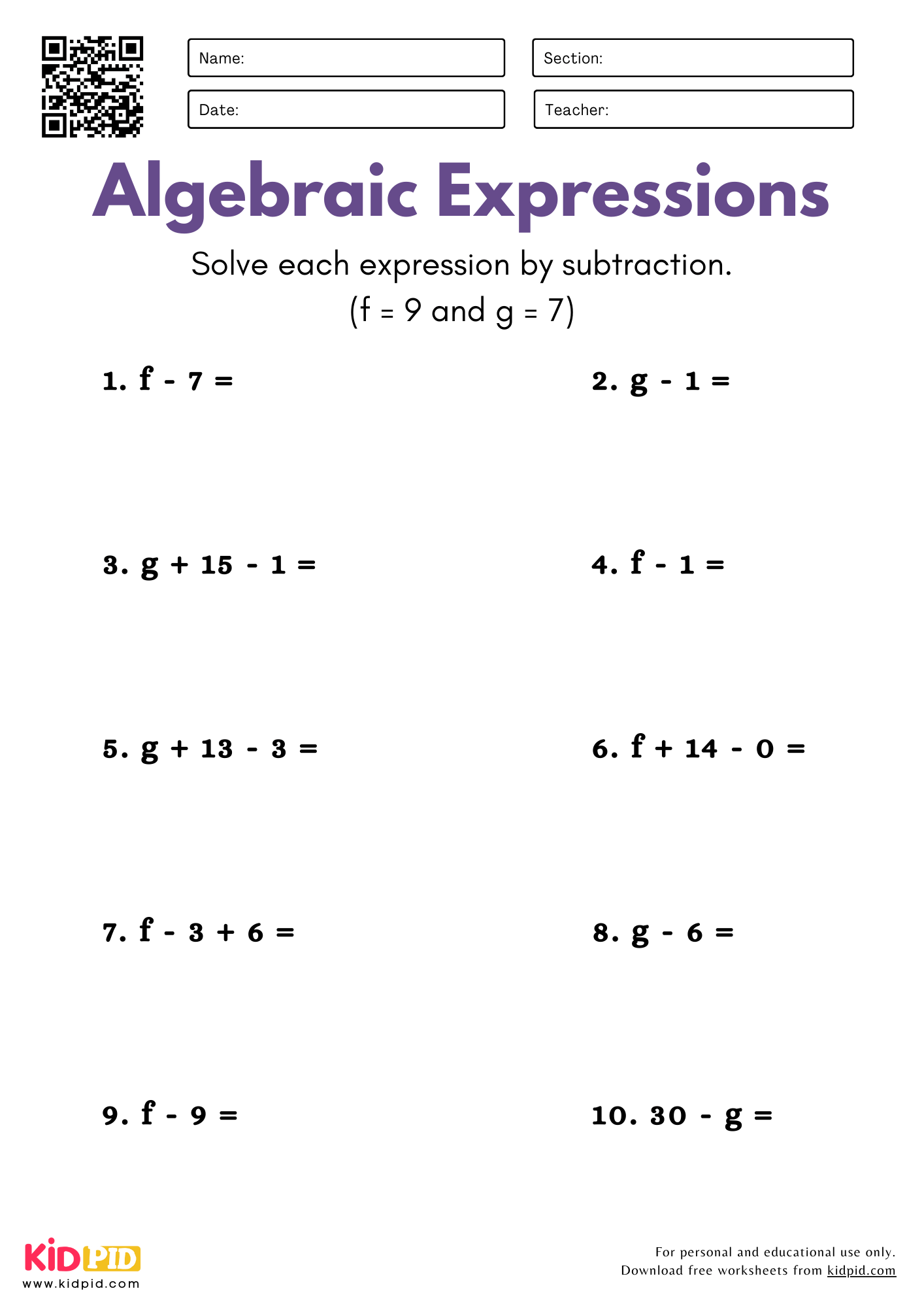 Algebraic Expressions with One Variable (By Subtraction) Worksheet For Grade 5